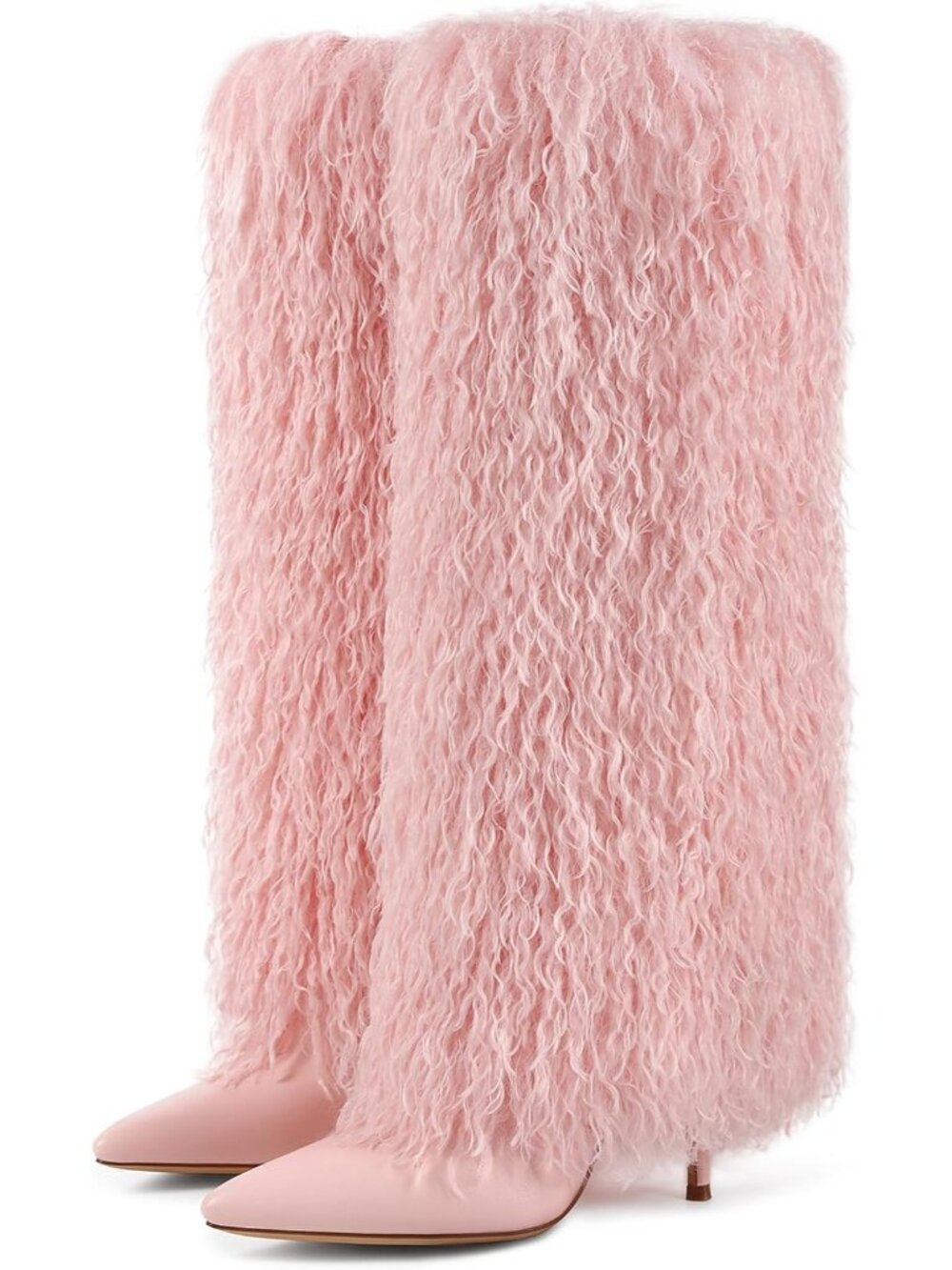Women’s Pink Faux Fur Knee High Boots Stiletto Heel Pointed Toe Fringe Party